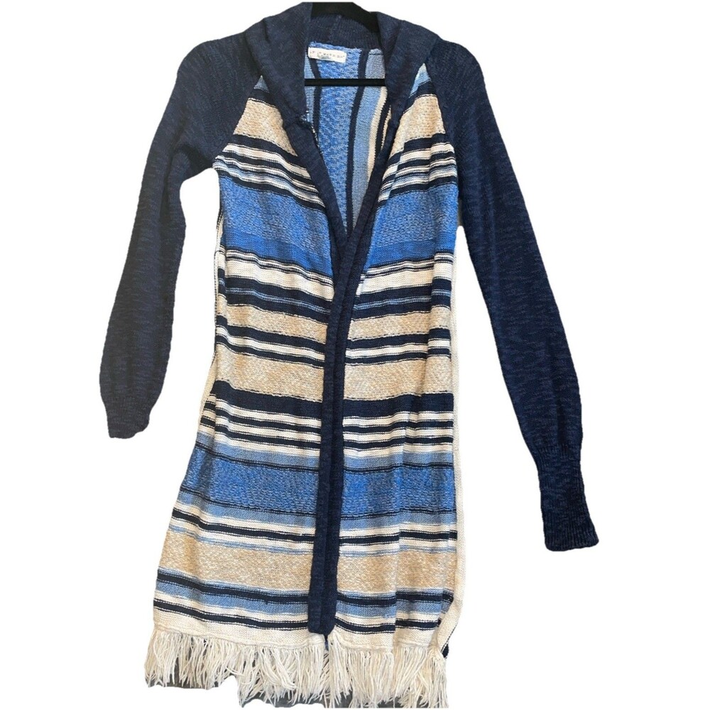 If It Were Me Women Blue Stripe Fringe Long Open Knit Cardigan With Hood Size M
